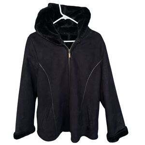 Marvin Richards Jacket Womens Large Black Shearling Lined Hooded Full Zip
